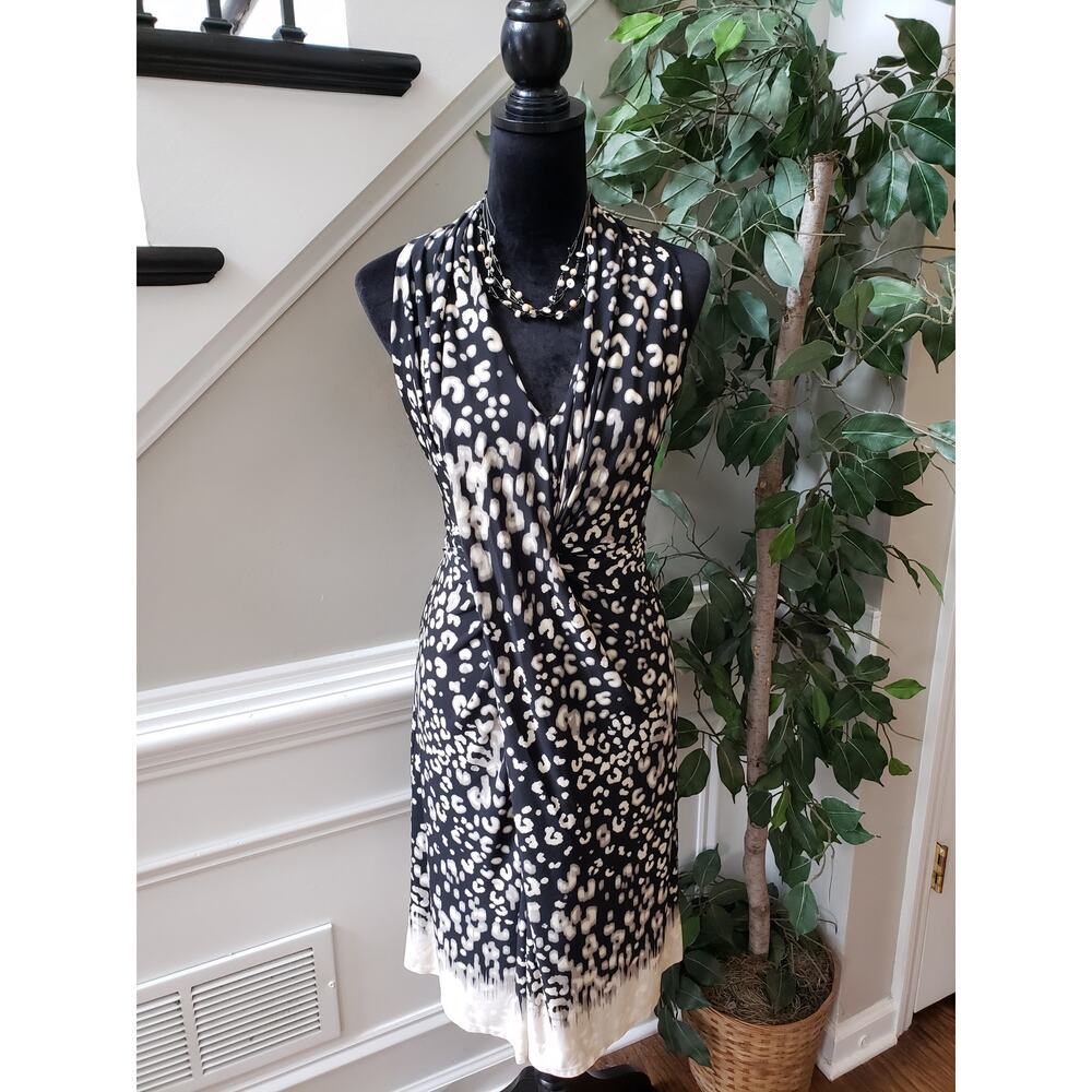 Donna Morgan Fit & Flare Dress Womens 12 Black White Leopard Stretch Sleeveless